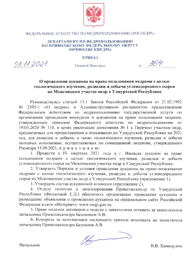 03 Ноября 2021 Аукцион на право пользования недрами с целью геологического изучения, разведки и добычи углеводородного сырья на Можгинском участке недр в Удмуртской Республике