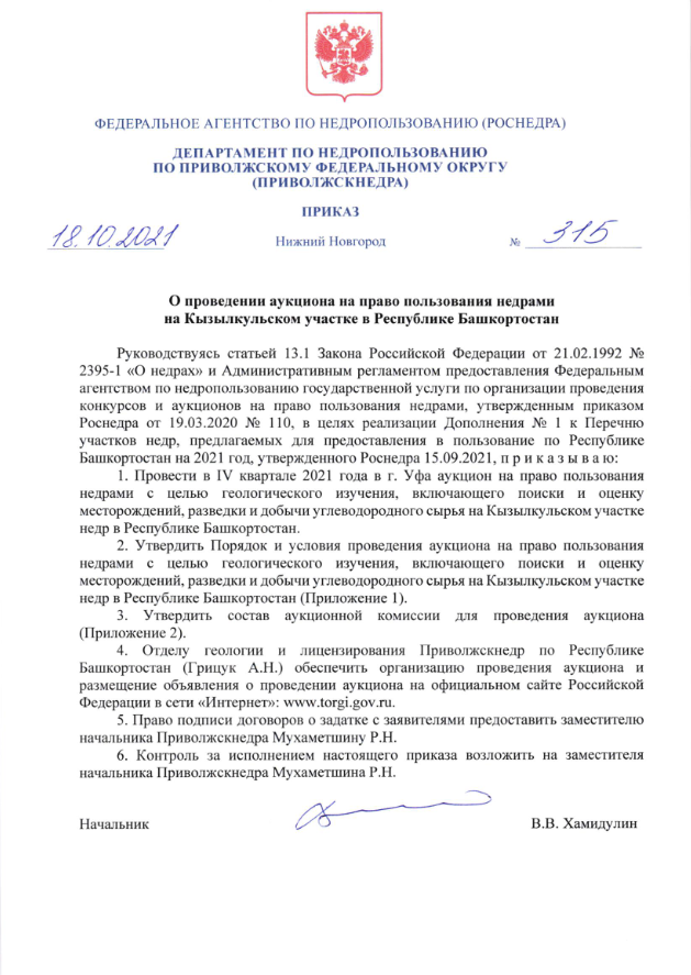 18 Октября 2021 Аукцион на право пользования недрами на Кызылкульском участке в Республике Башкортостан